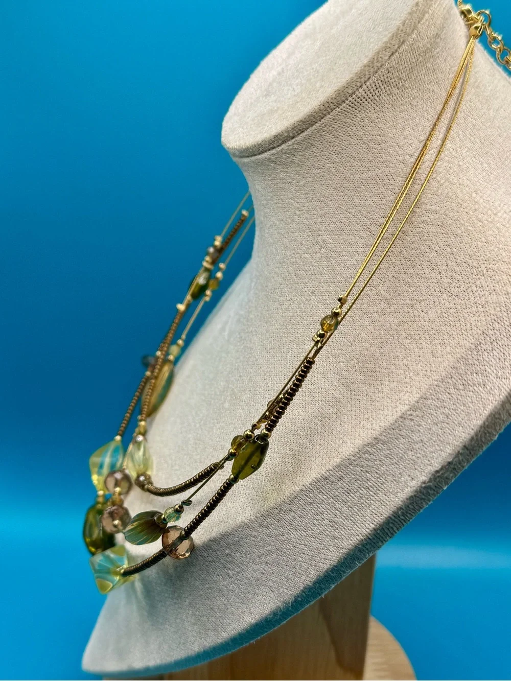 NWOT 3-Strand Beaded Illusion Olive Green and Amber Beaded Necklace